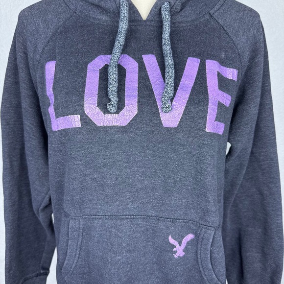 American Eagle Outfitters LOVE Hoodie Pullover Gray Purple Drawstring Womens - Picture 4 of 6